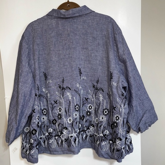 Coldwater Creek Blue Floral Embroidered Womens Jacket 3X Snaps Spring Boho Linen - Picture 8 of 10